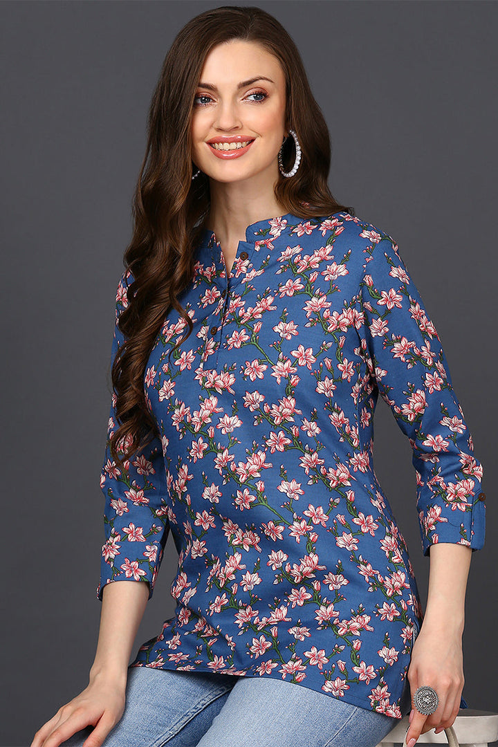 ZERESOUQ-Dark-Blue-Cotton-Blend-Floral-Printed-Tunic-Top