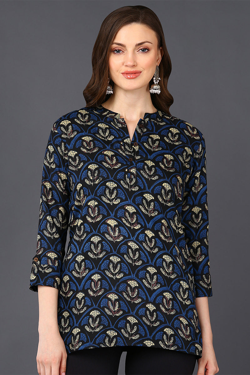 ZERESOUQ-Deep-Blue-&-Grey-Cotton-Blend-Ethnic-Printed-Tunic-Top