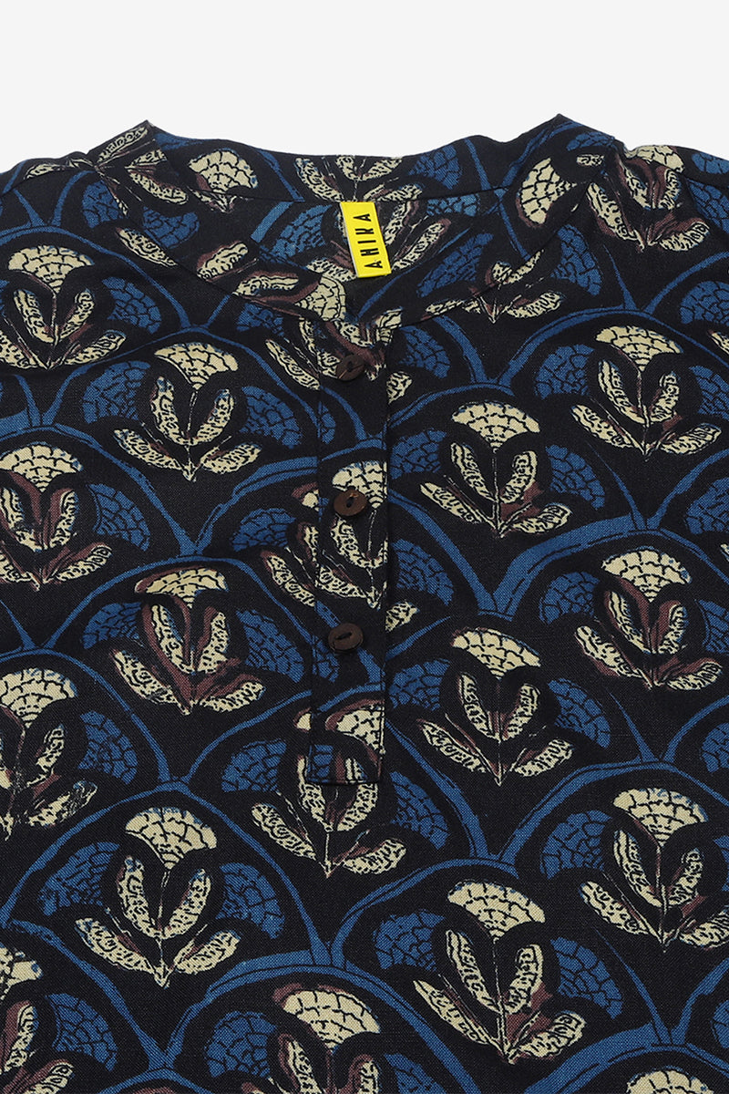 ZERESOUQ-Deep-Blue-&-Grey-Cotton-Blend-Ethnic-Printed-Tunic-Top
