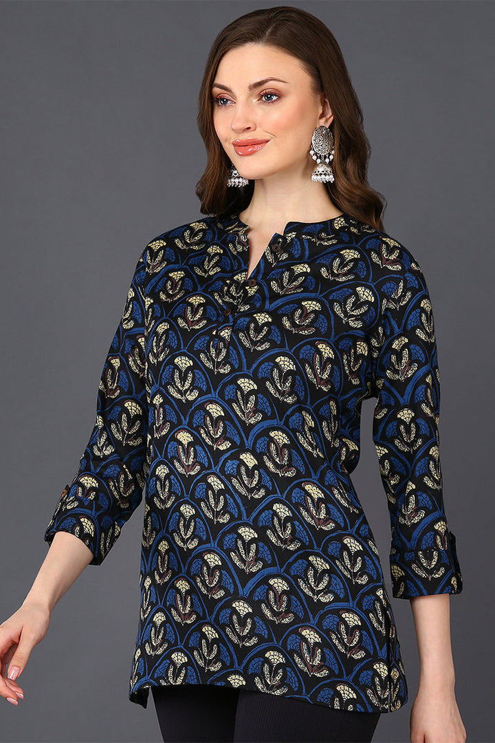 ZERESOUQ-Deep-Blue-&-Grey-Cotton-Blend-Ethnic-Printed-Tunic-Top