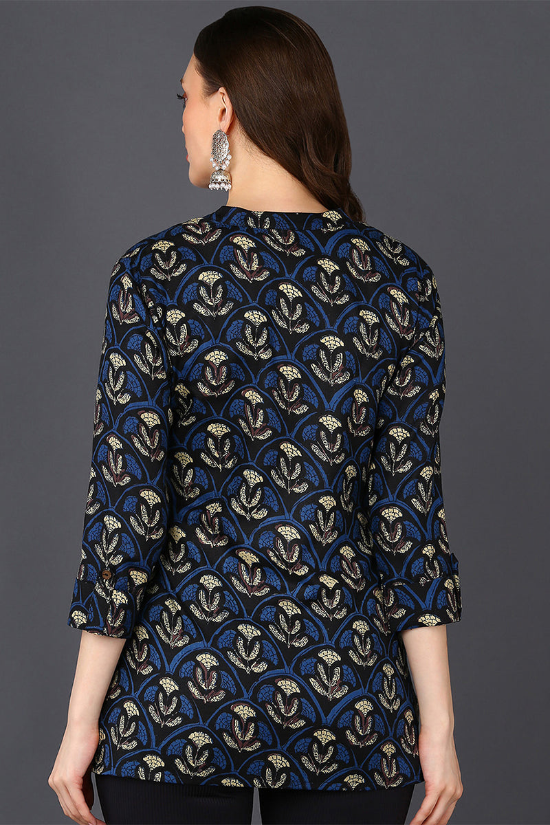 ZERESOUQ-Deep-Blue-&-Grey-Cotton-Blend-Ethnic-Printed-Tunic-Top
