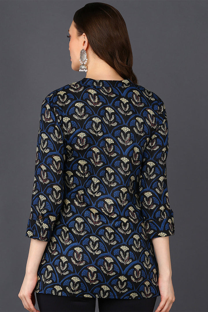 ZERESOUQ-Deep-Blue-&-Grey-Cotton-Blend-Ethnic-Printed-Tunic-Top
