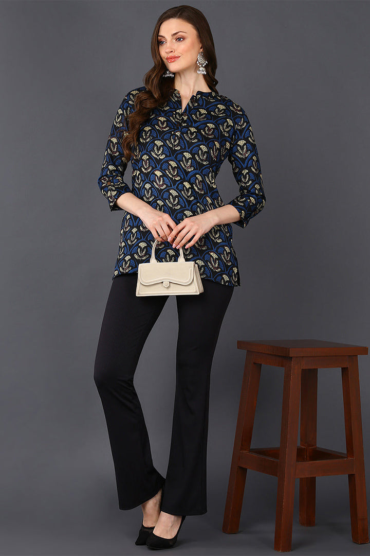 ZERESOUQ-Deep-Blue-&-Grey-Cotton-Blend-Ethnic-Printed-Tunic-Top