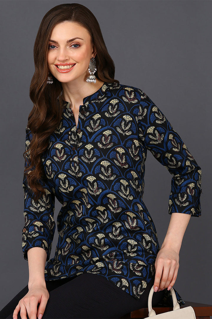 ZERESOUQ-Deep-Blue-&-Grey-Cotton-Blend-Ethnic-Printed-Tunic-Top