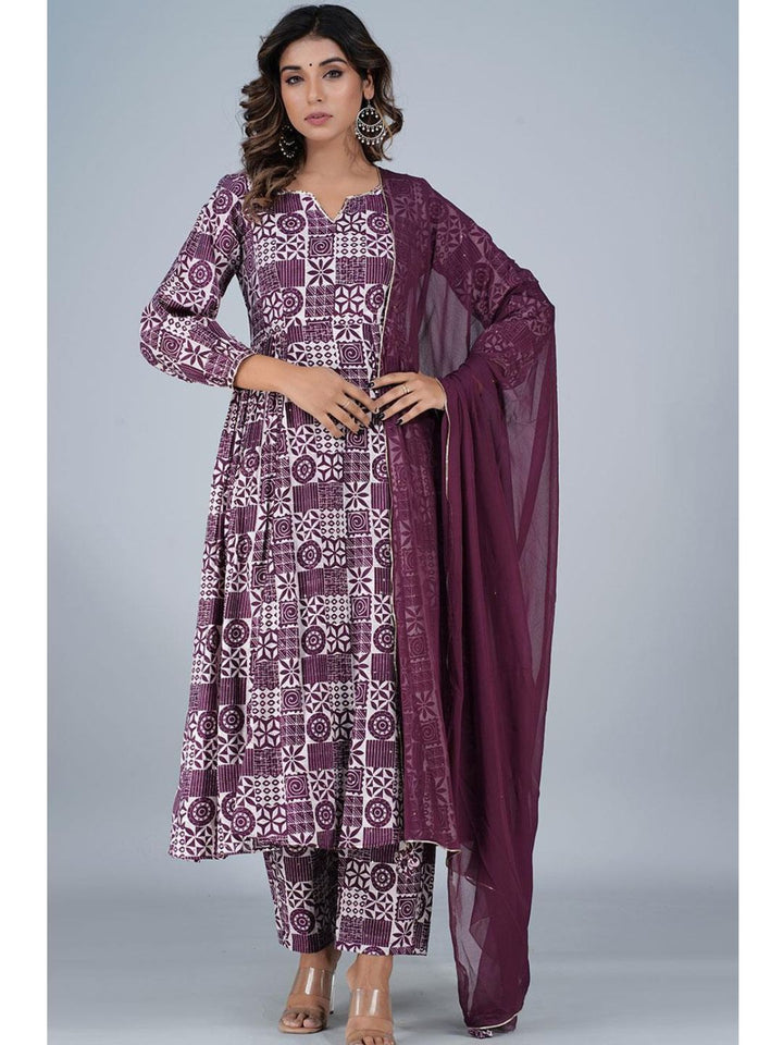 Violet Silk Gathered Anarkali 3-Piece Kurta Set