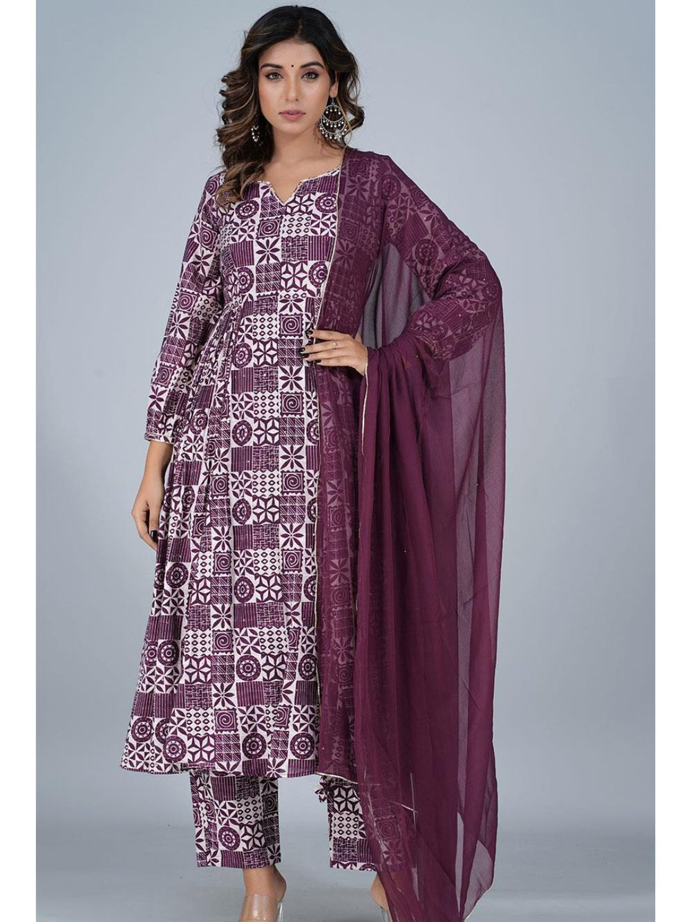 Violet Silk Gathered Anarkali 3-Piece Kurta Set