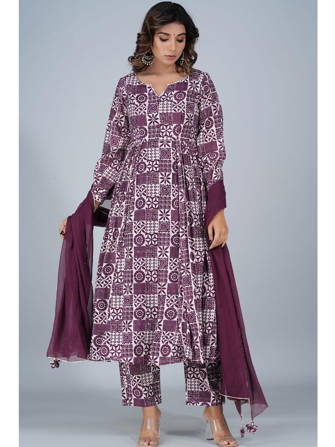 Violet Silk Gathered Anarkali 3-Piece Kurta Set