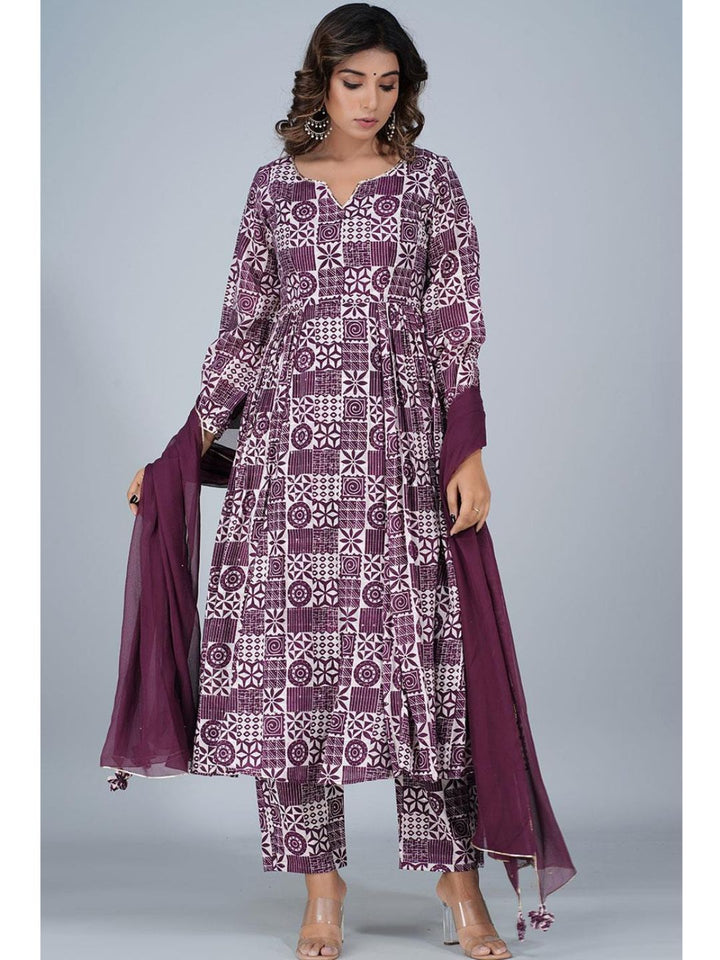 Violet Silk Gathered Anarkali 3-Piece Kurta Set