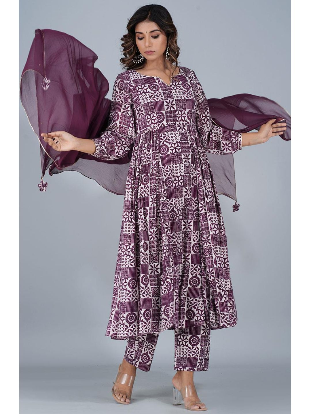 Violet Silk Gathered Anarkali 3-Piece Kurta Set