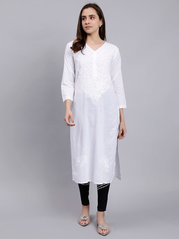 White Cotton Lucknowi Chikankari Kurta With Pant Set