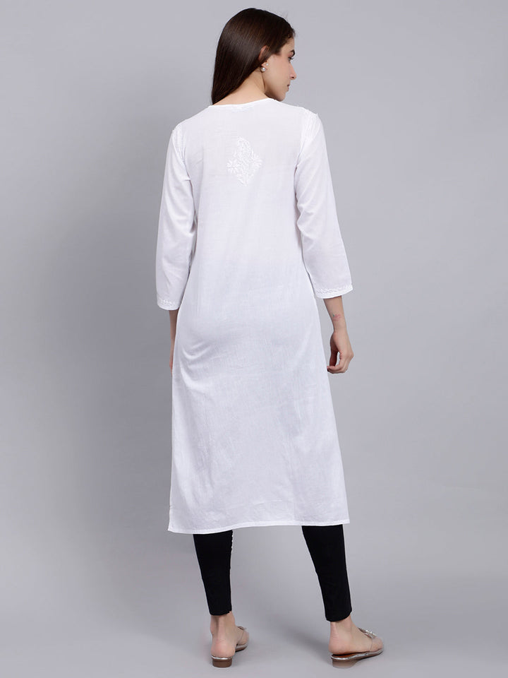 White Cotton Lucknowi Chikankari Kurta With Pant Set
