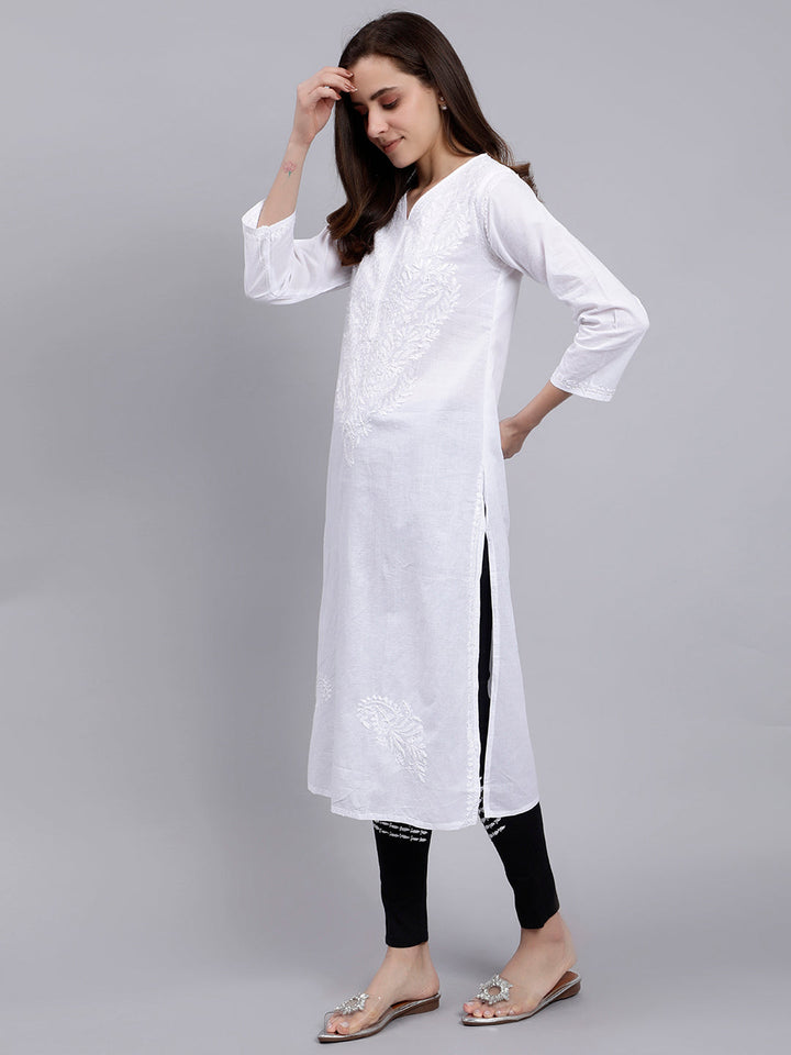 White Cotton Lucknowi Chikankari Kurta With Pant Set
