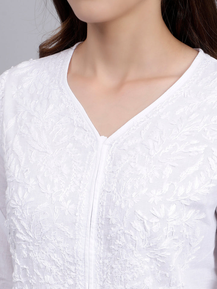 White Cotton Lucknowi Chikankari Kurta With Pant Set
