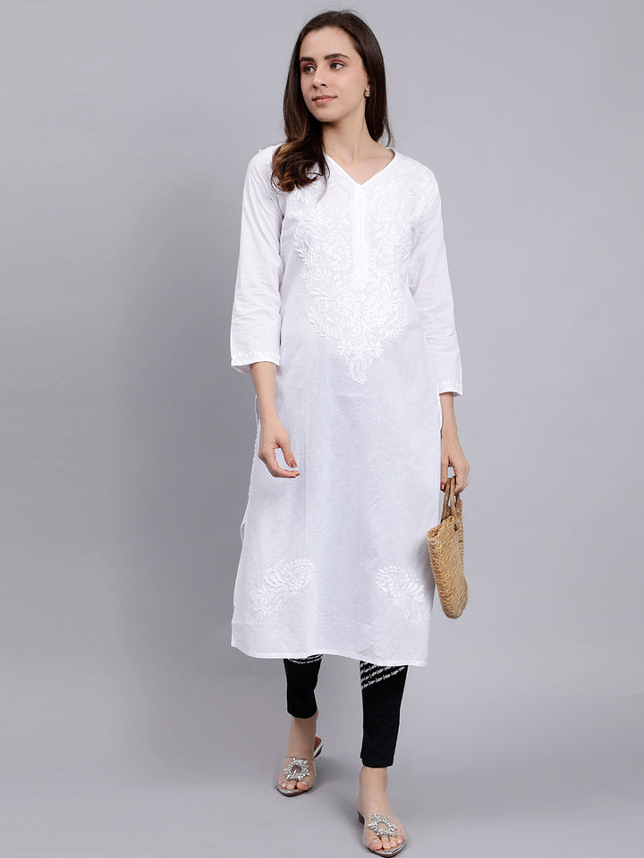 White Cotton Lucknowi Chikankari Kurta With Pant Set