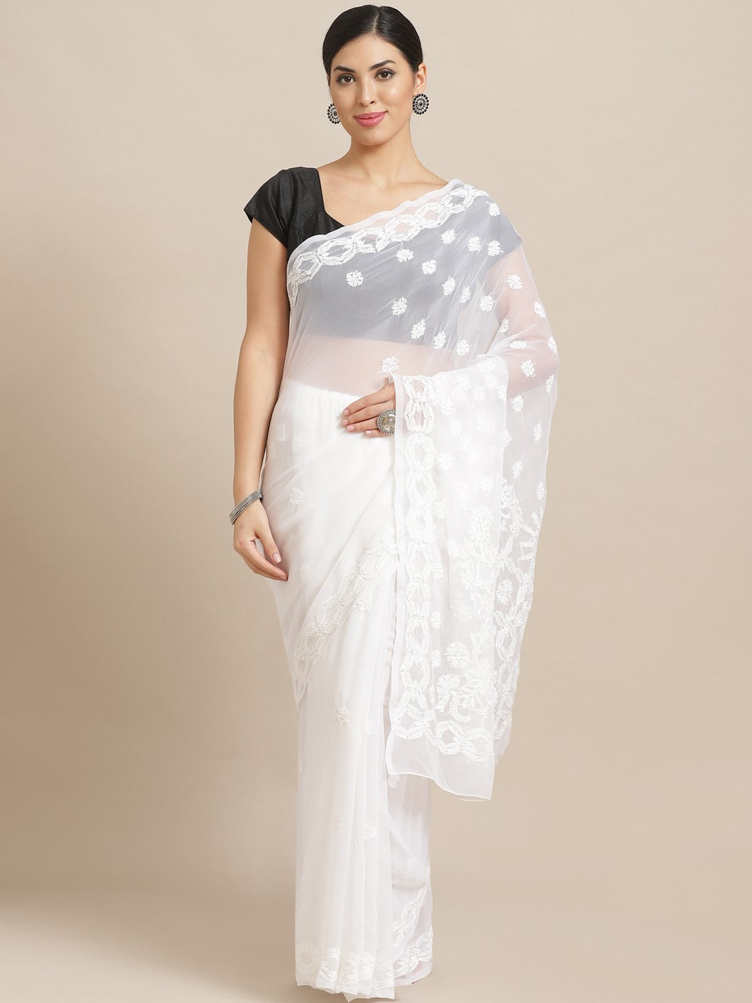 White-Embroidered-Chikan-Saree-With-Blouse
