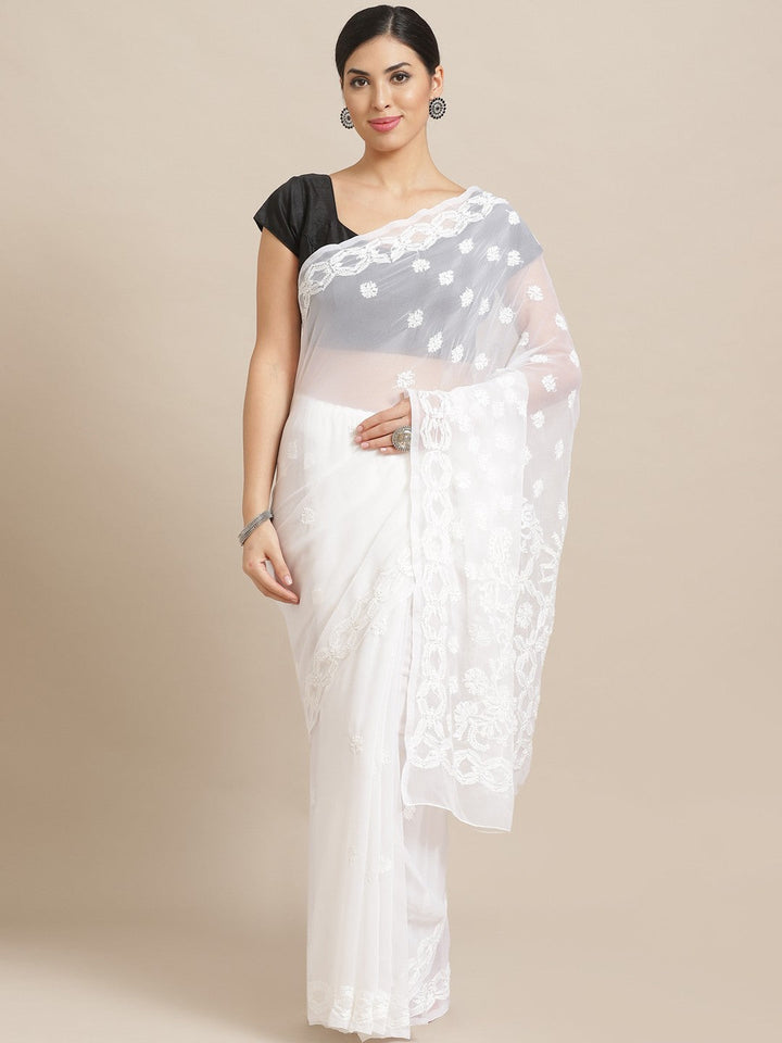 White-Embroidered-Chikan-Saree-With-Blouse