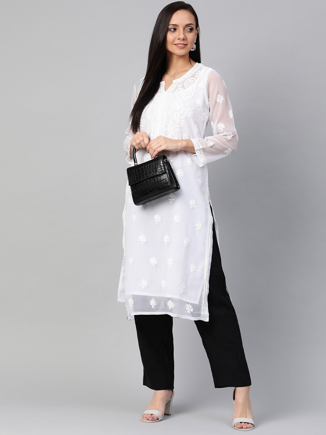 White Faux Georgette Straight Chikan Kurta