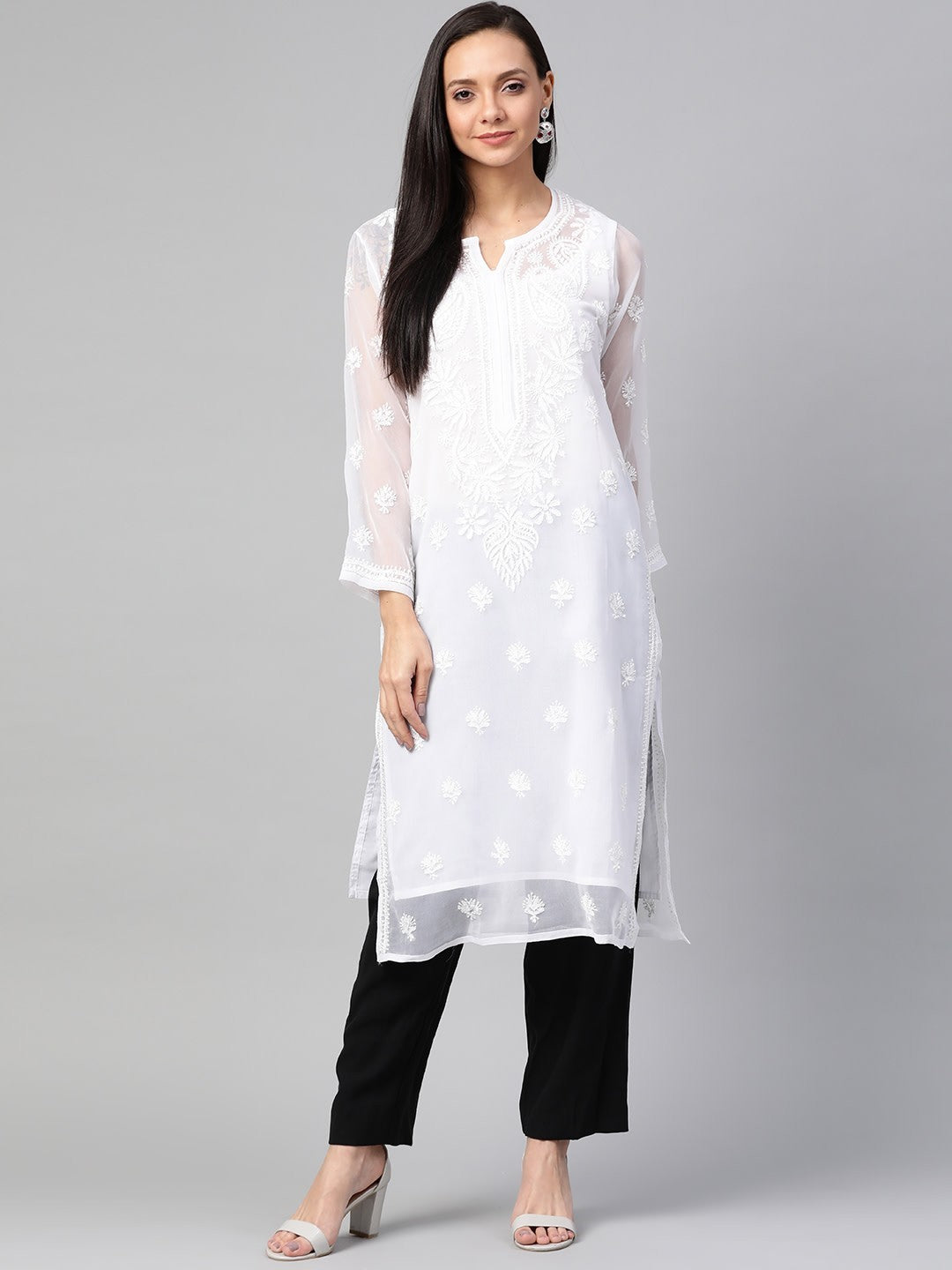 White Faux Georgette Straight Chikan Kurta