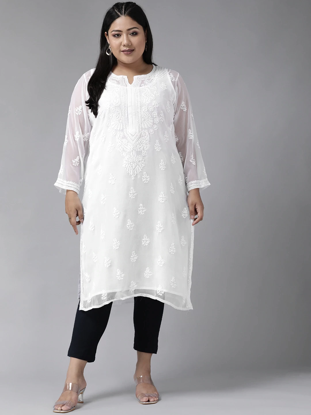 White Faux Georgette Straight Chikan Kurta