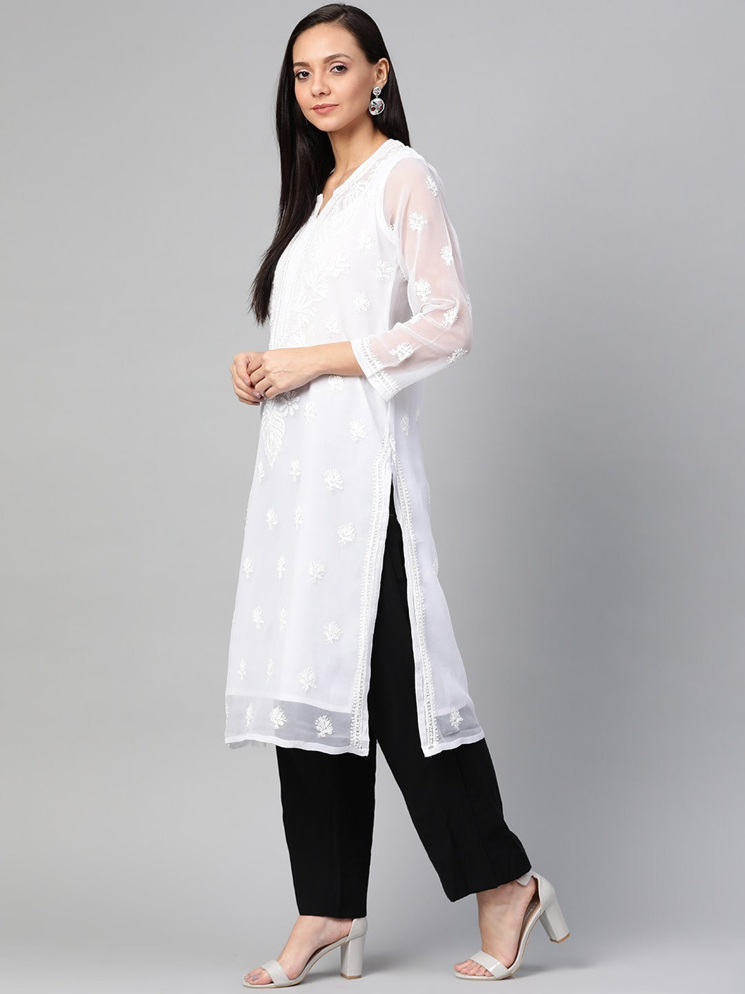 White Faux Georgette Straight Chikan Kurta