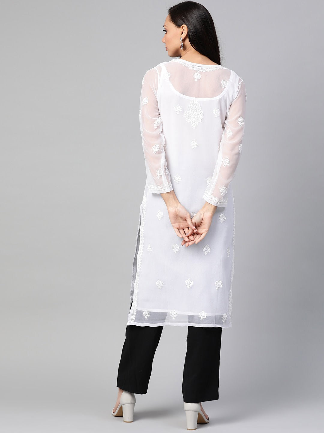 White Faux Georgette Straight Chikan Kurta