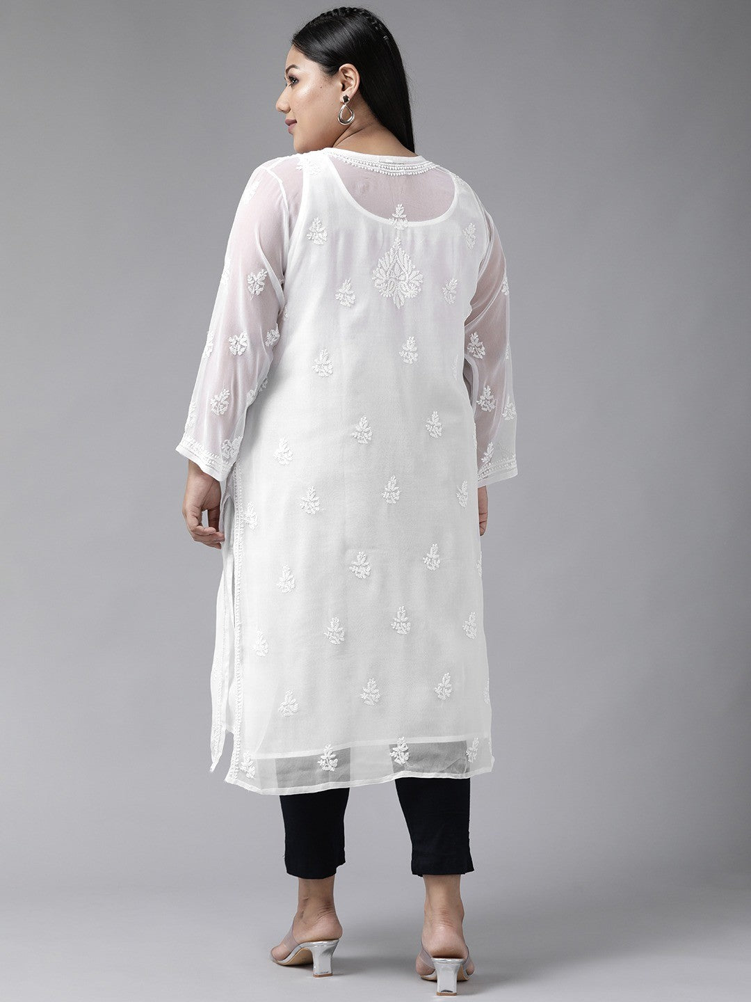 White Faux Georgette Straight Chikan Kurta