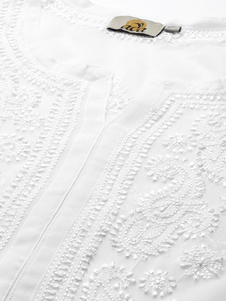 White Faux Georgette Straight Chikan Kurta