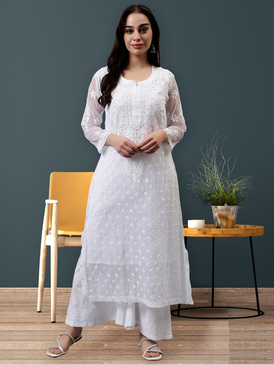White-Georgette-Hand-Embroidered-Chikankari-Kurti-with-Slip