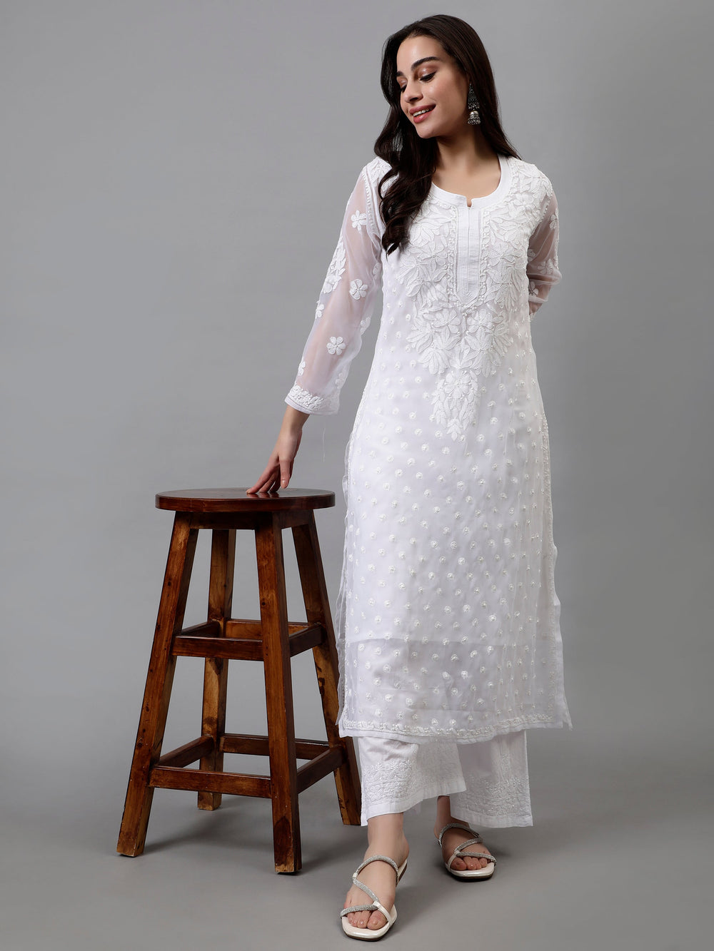 White-Georgette-Hand-Embroidered-Chikankari-Kurti-with-Slip