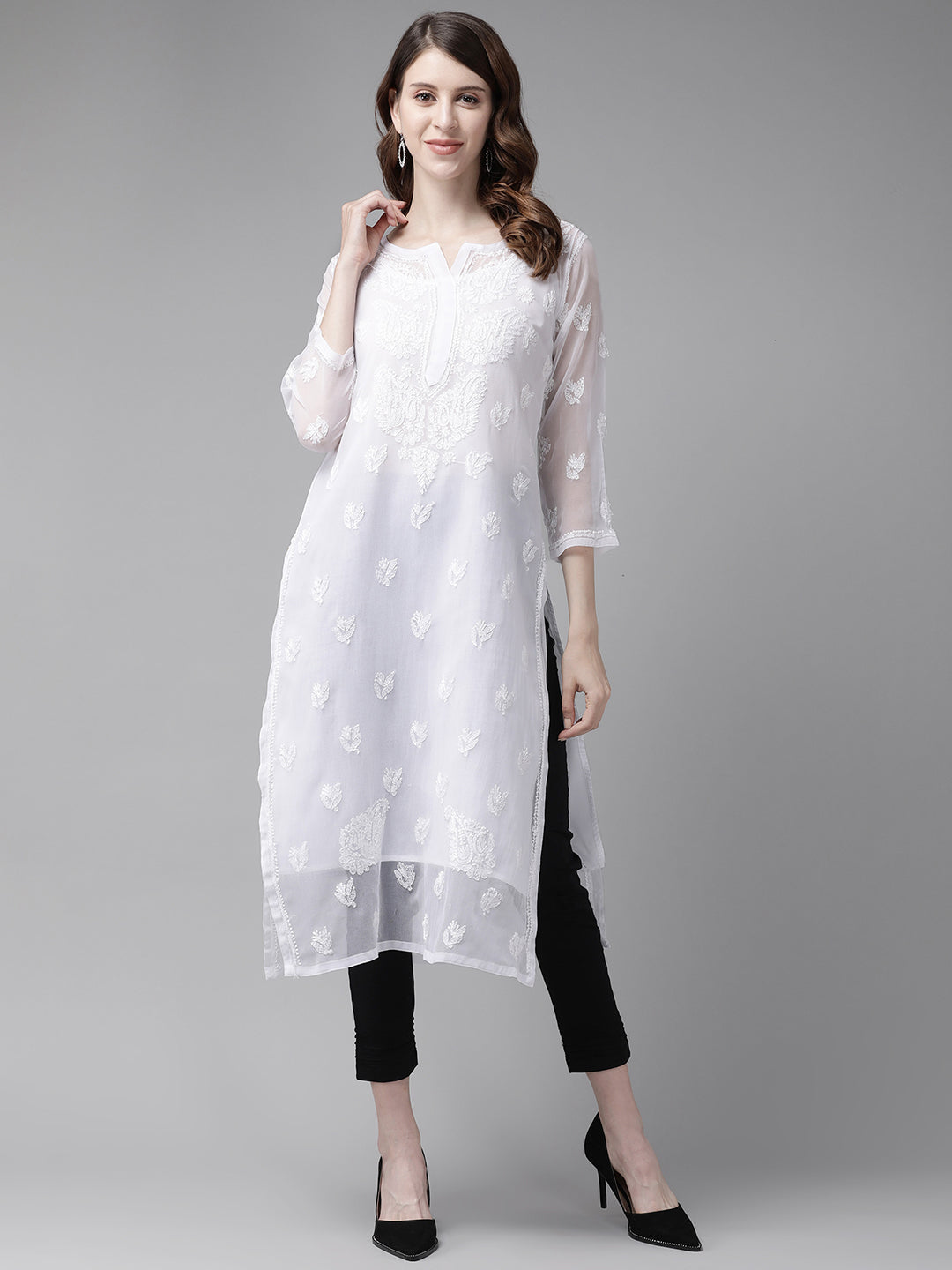 White-Georgette-Lucknow-Chikan-Kurta-Set
