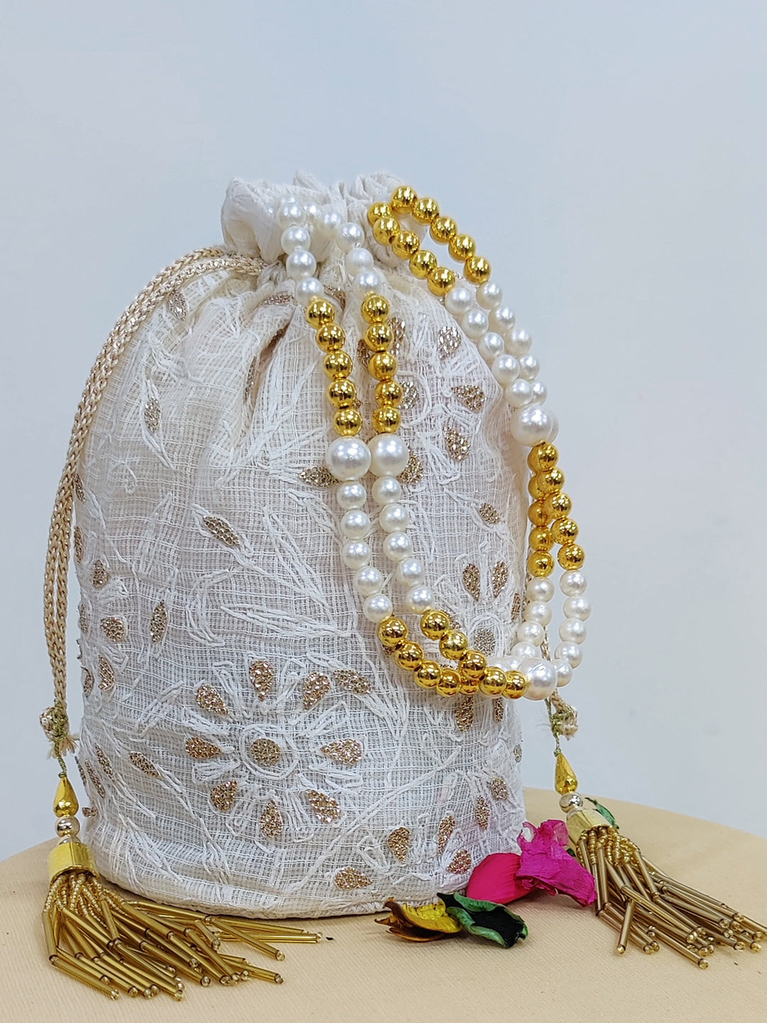 White Kota Chikankari Potli Bag with Tassels