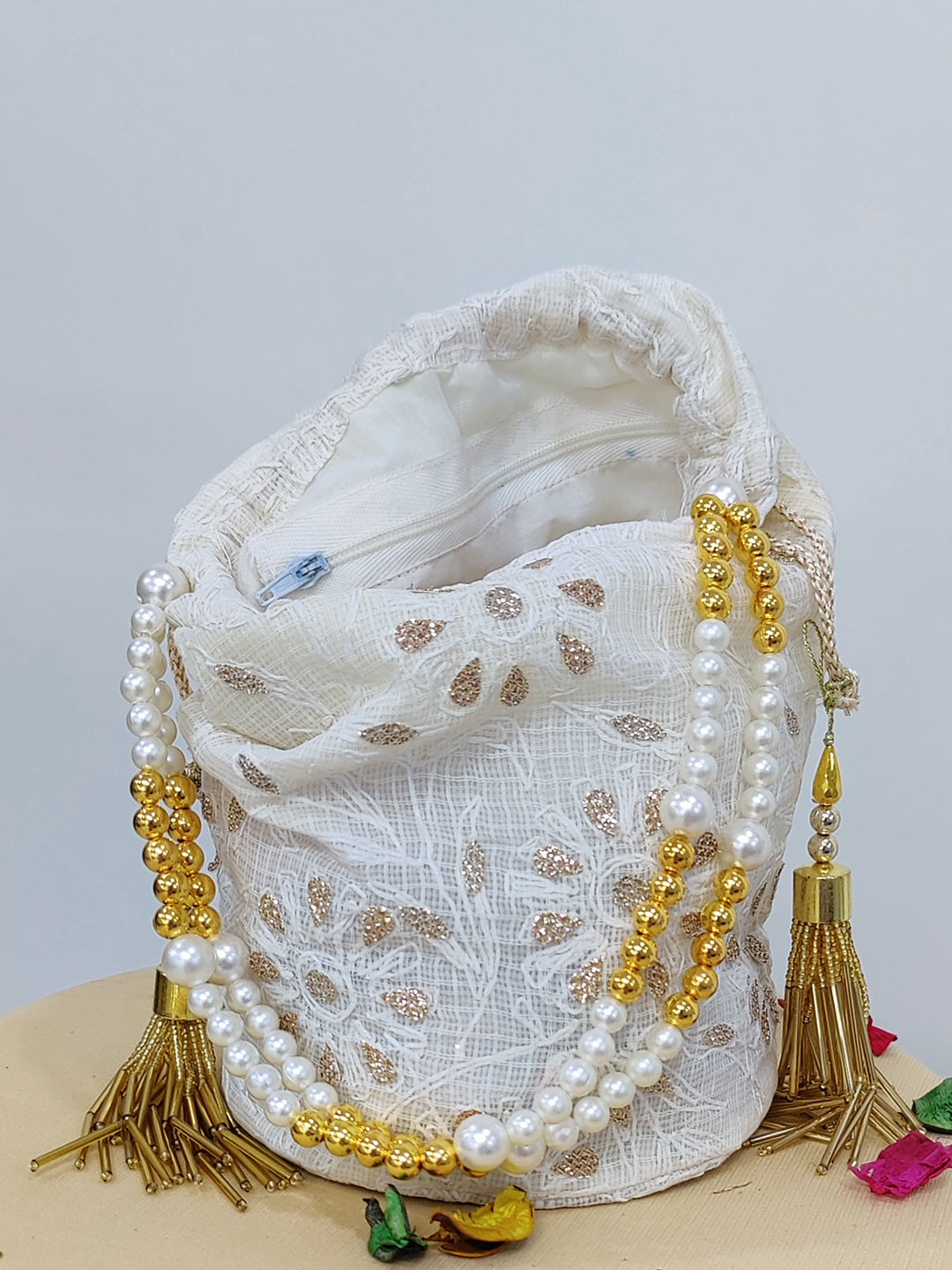 White Kota Chikankari Potli Bag with Tassels