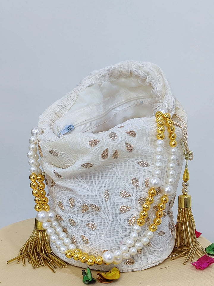 White Kota Chikankari Potli Bag with Tassels