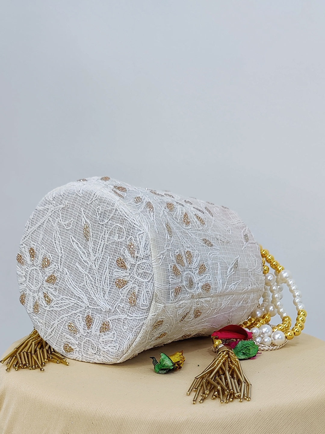 White Kota Chikankari Potli Bag with Tassels