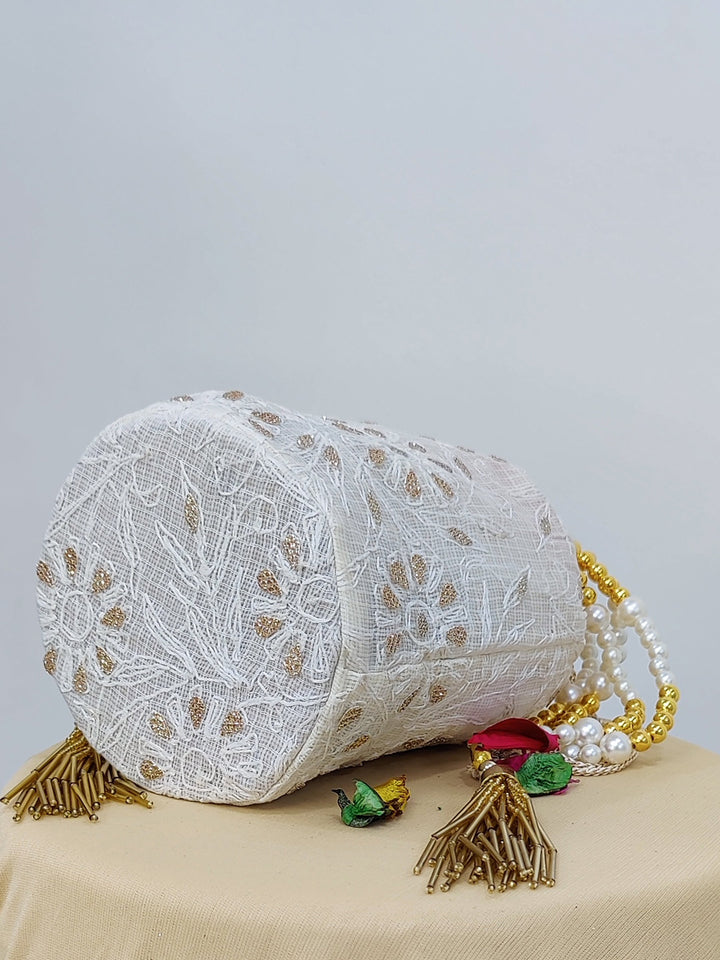 White Kota Chikankari Potli Bag with Tassels