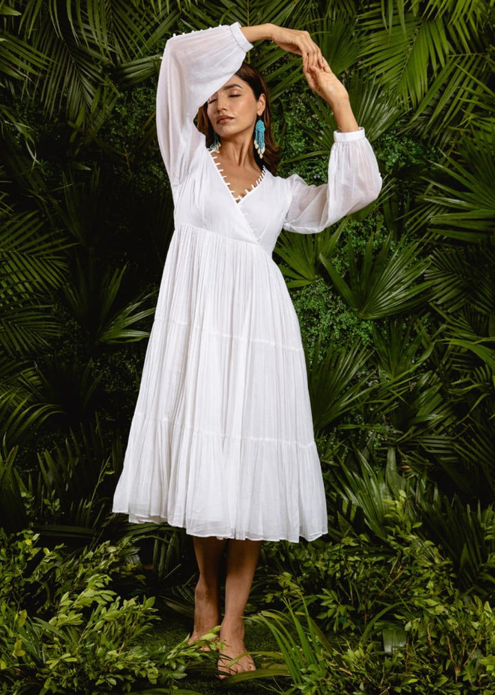 White Loop Detailed Angrakha Styled Midi Dress