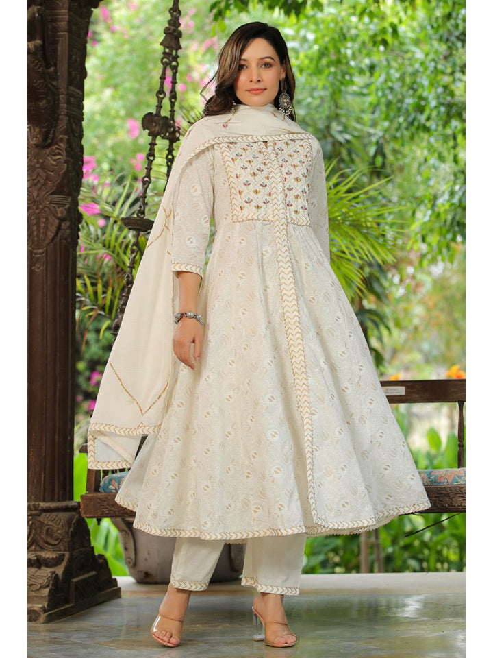 White Rose Printed Cotton Anarkali Suit Set