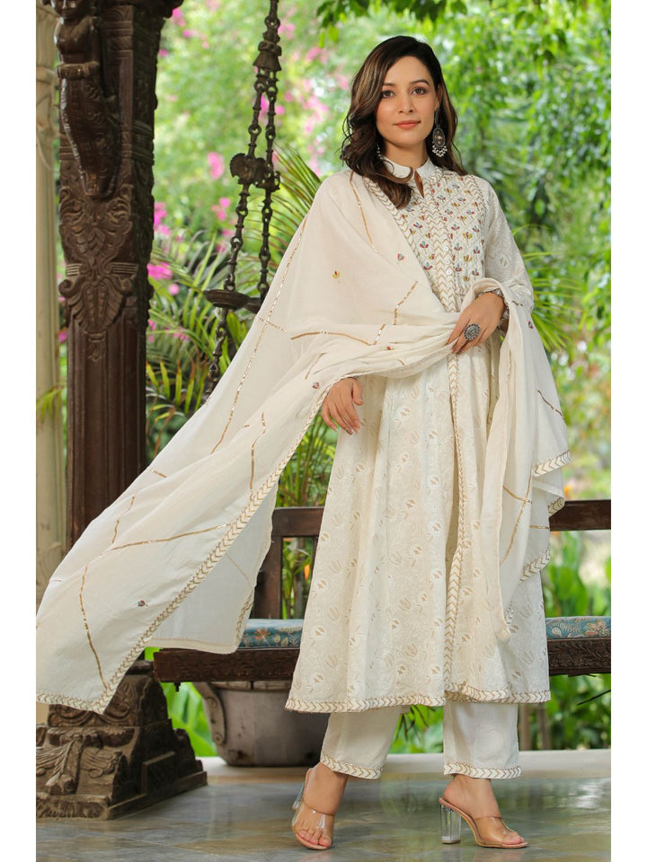 White Rose Printed Cotton Anarkali Suit Set