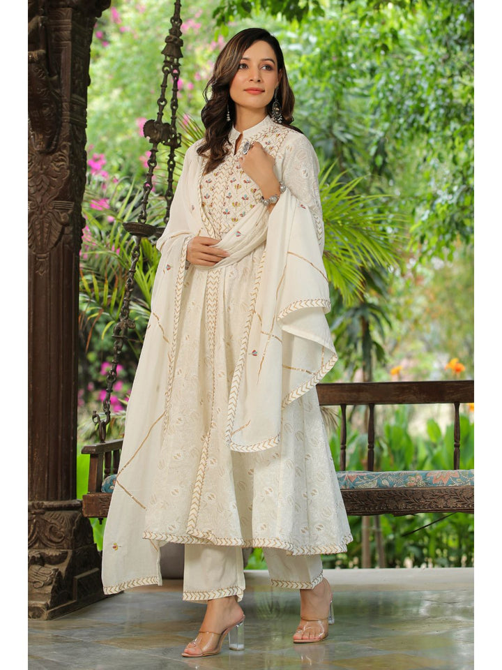 White Rose Printed Cotton Anarkali Suit Set