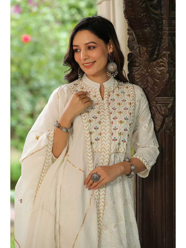 White Rose Printed Cotton Anarkali Suit Set