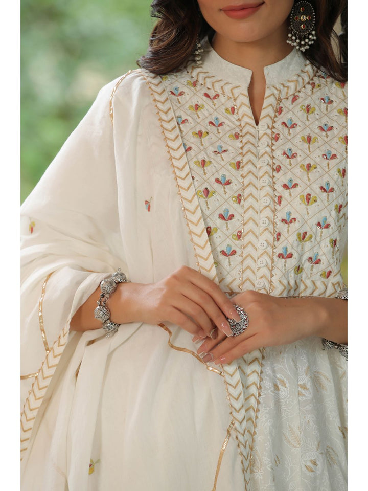 White Rose Printed Cotton Anarkali Suit Set