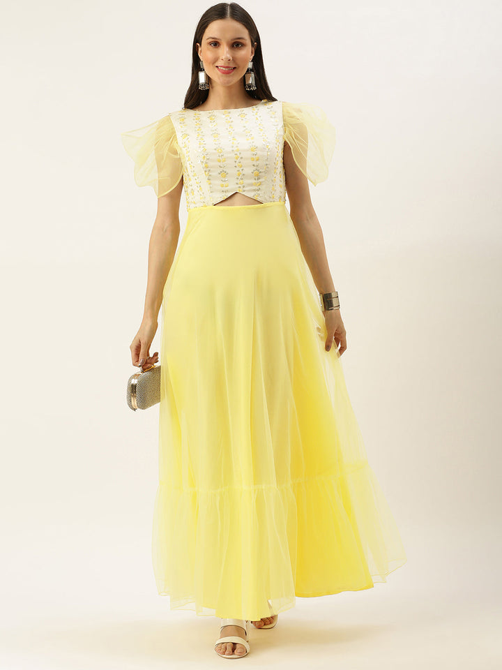 White-Viscose-&-Yellow-Boat-Neck-Gown