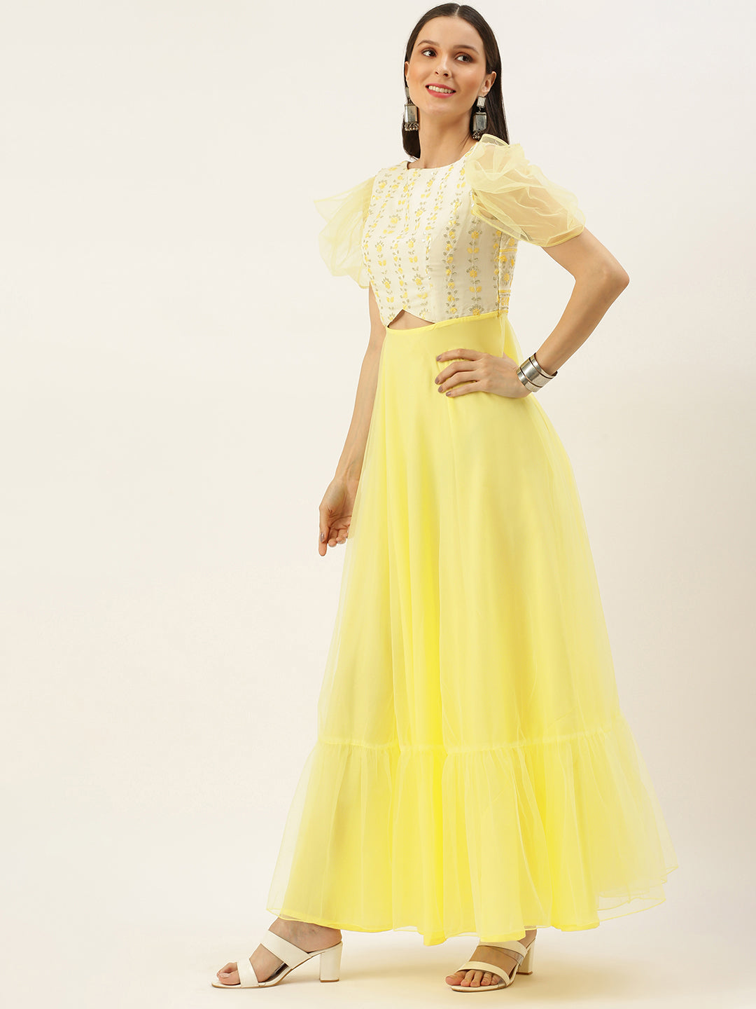 White-Viscose-&-Yellow-Boat-Neck-Gown