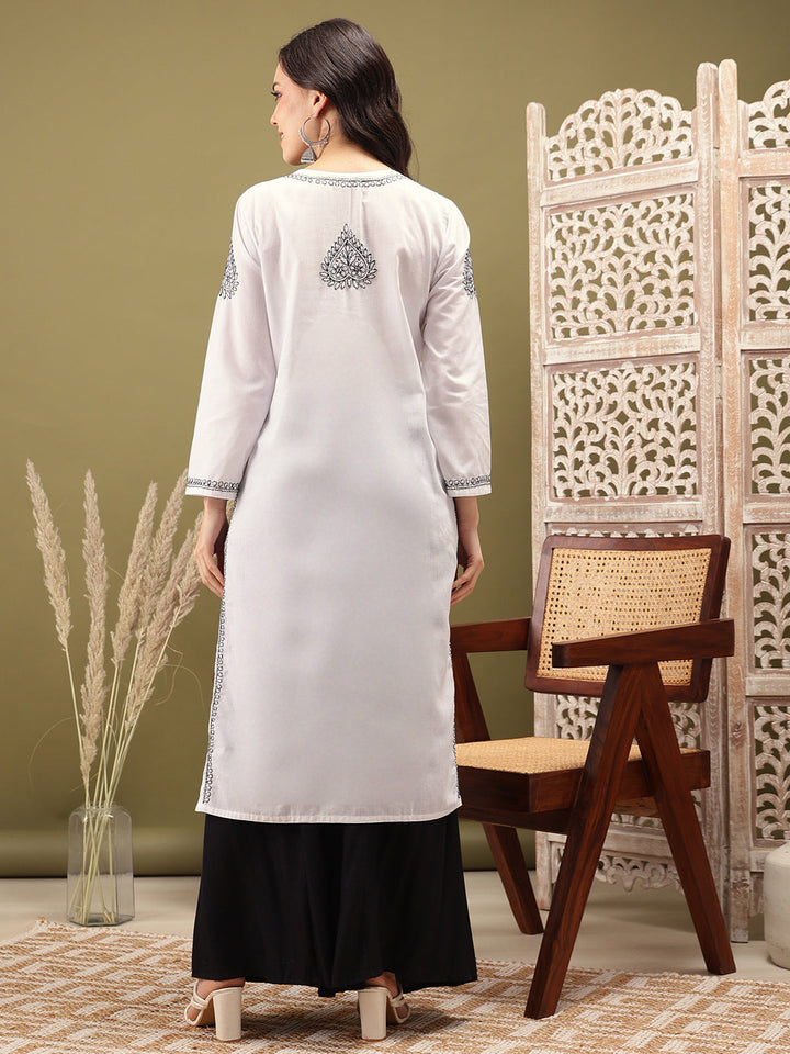 White & Black Embroidered Chikankari Cotton Kurta