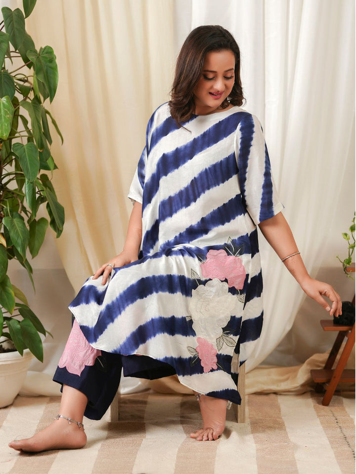 White-&-Blue-Silk-Leheriya-Kaftan-&-Pallazo