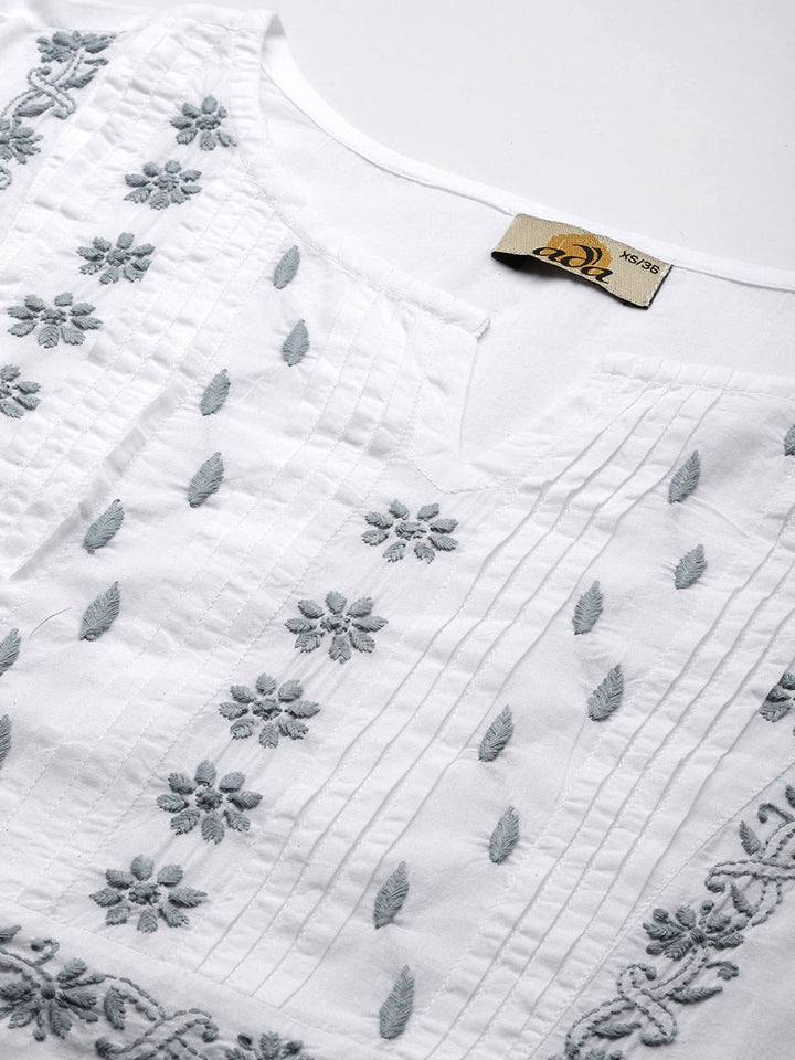 White & Grey Cotton Ghaspatti Chikan Kurta