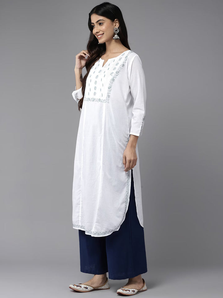 White & Grey Cotton Ghaspatti Chikan Kurta