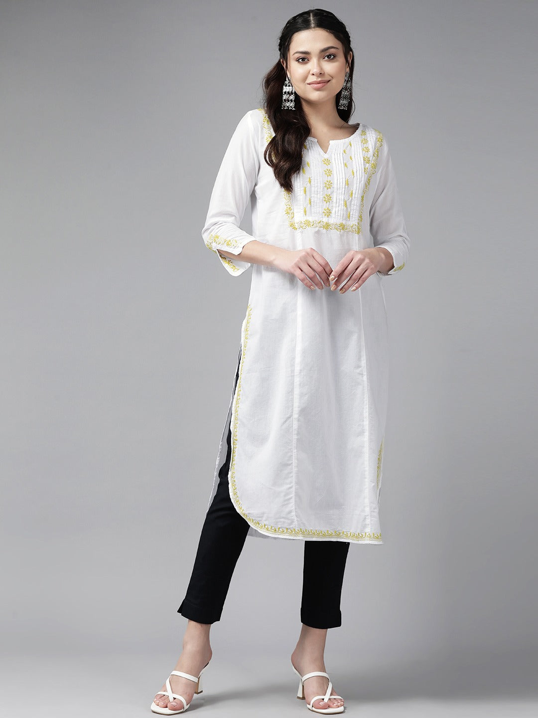 White & Lime Cotton Ghaspatti Chikan Kurta