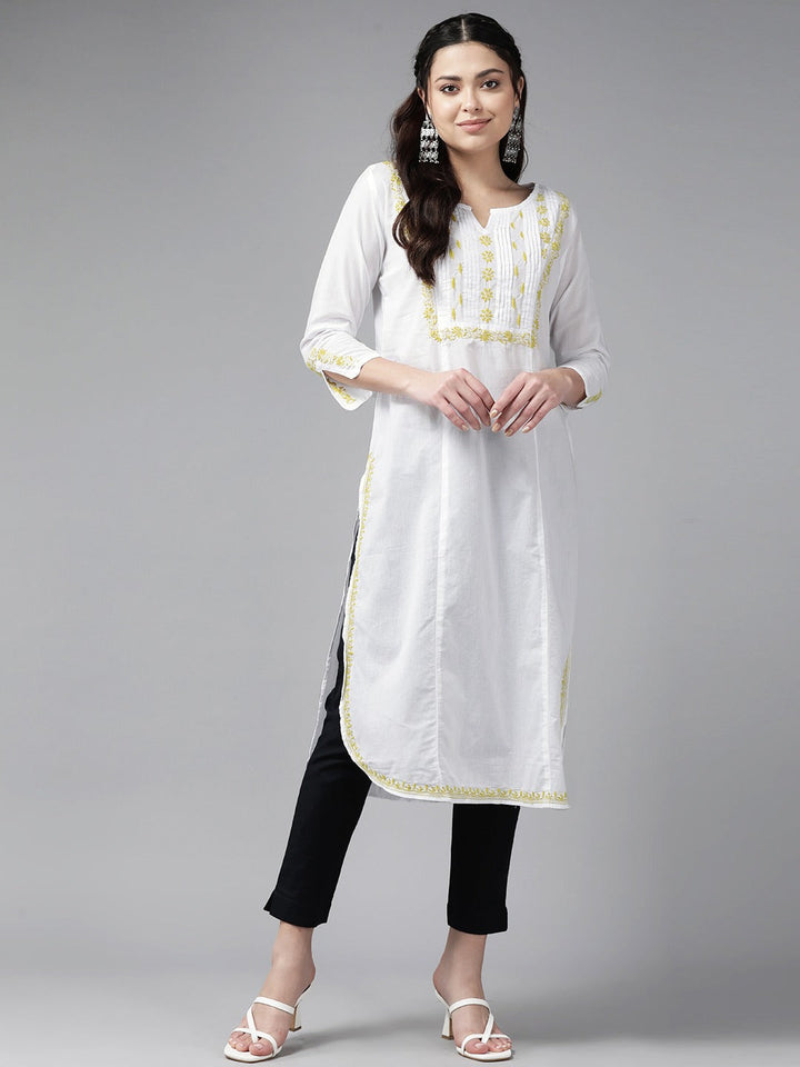 White & Lime Cotton Ghaspatti Chikan Kurta