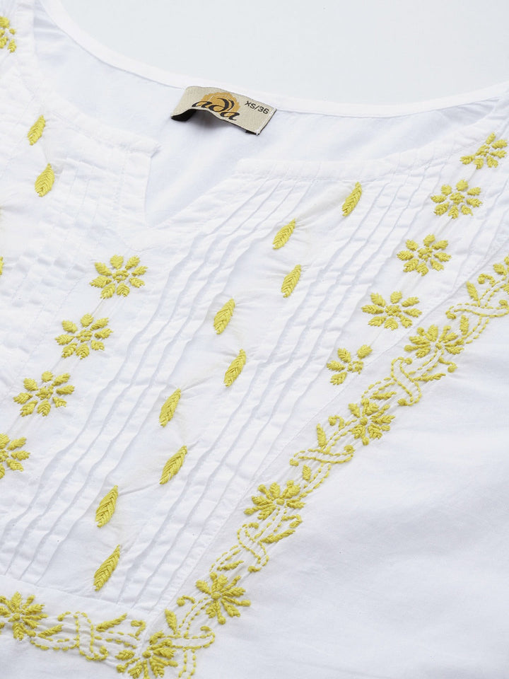 White & Lime Cotton Ghaspatti Chikan Kurta